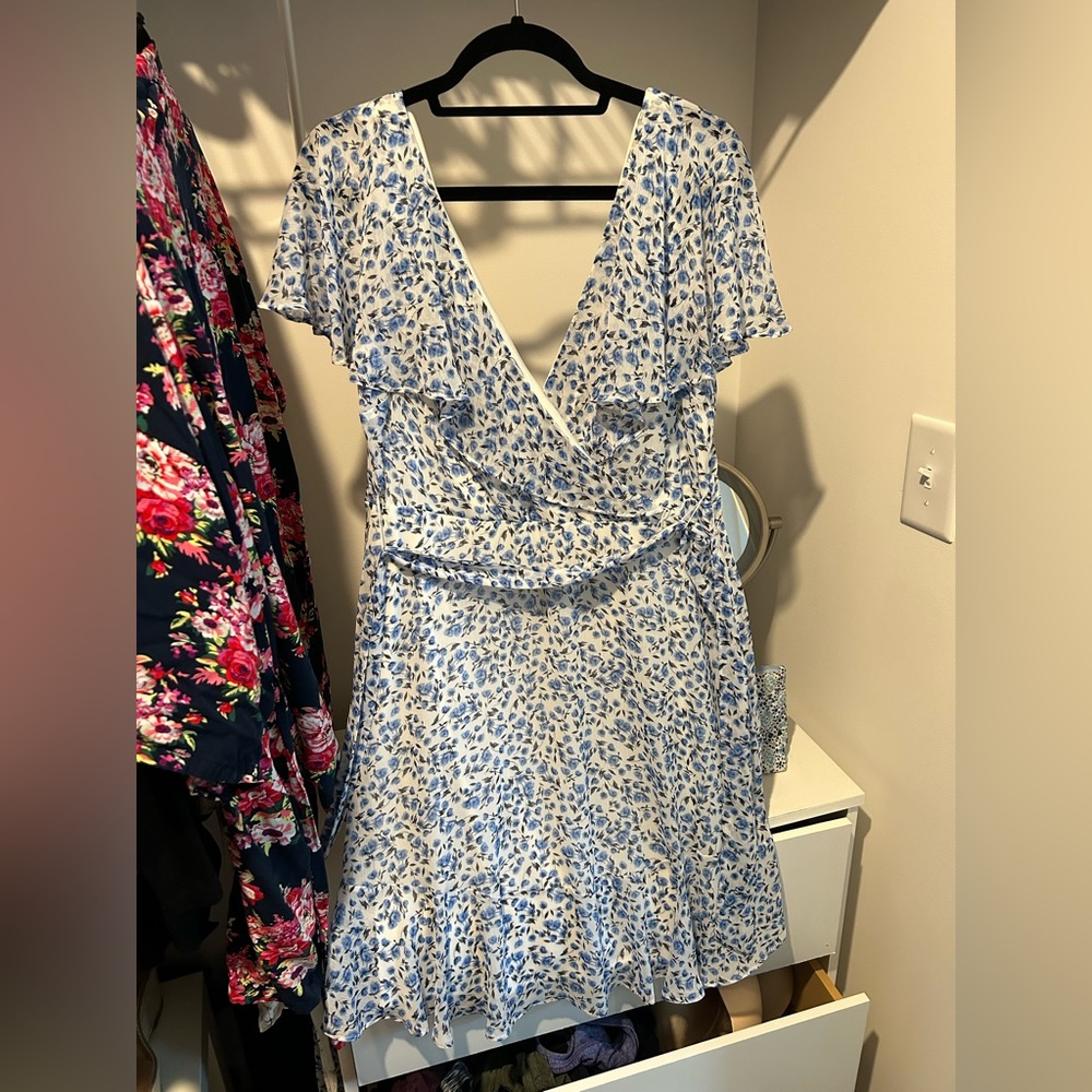 Dkny White Mini Dress with Blue Floral Pattern